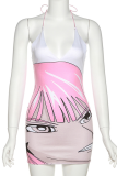Pink Sexy Print Patchwork Halter Pencil Skirt Dresses