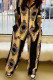 Yellow Casual Print Patchwork Buckle Turndown Collar Long Sleeve Two Pieces