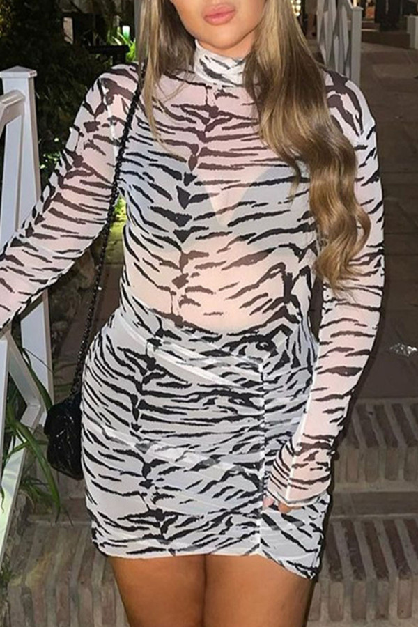 Black White Sexy Print Patchwork Turtleneck Pencil Skirt Dresses