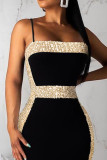 Gold Sexy Solid Sequins Patchwork Spaghetti Strap One Step Skirt Dresses