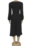 Apricot Casual Solid Patchwork Fold Asymmetrical V Neck Irregular Dress Dresses