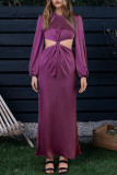 Turquoise Casual Solid Hollowed Out Patchwork O Neck Straight Dresses
