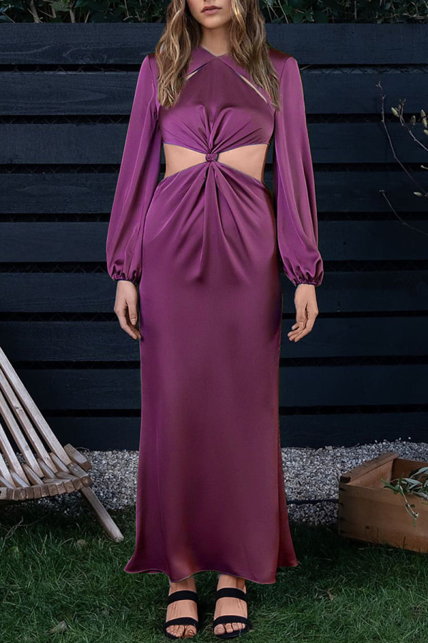 Purple Casual Solid Hollowed Out Patchwork O Neck Straight Dresses