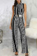 Black Casual Print Patchwork Buckle Mandarin Collar Straight Jumpsuits