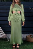 Turquoise Casual Solid Hollowed Out Patchwork O Neck Straight Dresses