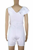 White Casual Solid Bandage Patchwork Flounce Oblique Collar Regular Rompers
