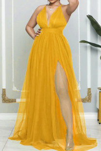 Yellow Sexy Solid Patchwork Spaghetti Strap Evening Dress Dresses