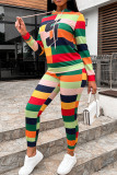 Colour Casual Striped Print Patchwork Hooded Collar Long Sleeve Two Pieces