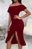 Burgundy Sexy Solid Patchwork Flounce Asymmetrical Off the Shoulder Straight Dresses