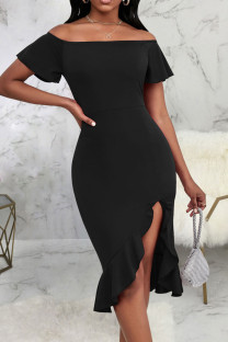 Black Sexy Solid Patchwork Flounce Asymmetrical Off the Shoulder Straight Dresses