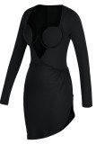 Red Fashion Sexy Solid Hollowed Out Patchwork Asymmetrical V Neck Long Sleeve Dresses