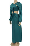 Turquoise Casual Solid Hollowed Out Patchwork O Neck Straight Dresses