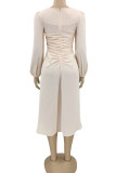 Apricot Casual Solid Patchwork Fold Asymmetrical V Neck Irregular Dress Dresses