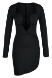 Red Fashion Sexy Solid Hollowed Out Patchwork Asymmetrical V Neck Long Sleeve Dresses
