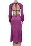 Turquoise Casual Solid Hollowed Out Patchwork O Neck Straight Dresses