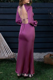 Turquoise Casual Solid Hollowed Out Patchwork O Neck Straight Dresses
