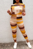 Colour Casual Striped Print Patchwork Hooded Collar Long Sleeve Two Pieces