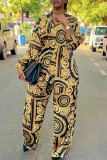 Yellow Casual Print Patchwork Buckle Turndown Collar Long Sleeve Two Pieces