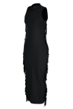 Bare Color Fashion Solid Tassel O Neck Pencil Skirt Dresses
