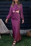 Turquoise Casual Solid Hollowed Out Patchwork O Neck Straight Dresses