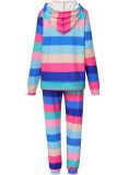 Colour Casual Striped Print Patchwork Hooded Collar Long Sleeve Two Pieces