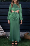 Turquoise Casual Solid Hollowed Out Patchwork O Neck Straight Dresses