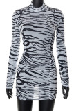 Black White Sexy Print Patchwork Turtleneck Pencil Skirt Dresses