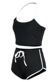 Blue Fashion Casual Solid Patchwork Backless Halter Sleeveless Two Pieces