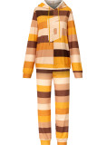 Colour Casual Striped Print Patchwork Hooded Collar Long Sleeve Two Pieces