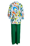 White Green Fashion Casual Print Patchwork Buckle Turndown Collar Long Sleeve Two Pieces