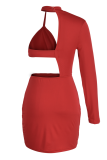 Red Sexy Solid Hollowed Out Half A Turtleneck Pencil Skirt Dresses