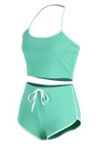 Blue Fashion Casual Solid Patchwork Backless Halter Sleeveless Two Pieces