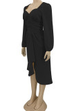 Apricot Casual Solid Patchwork Fold Asymmetrical V Neck Irregular Dress Dresses
