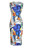 Blue Sexy Print Hollowed Out Patchwork O Neck Pencil Skirt Dresses