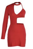 Red Sexy Solid Hollowed Out Half A Turtleneck Pencil Skirt Dresses
