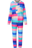 Colour Casual Striped Print Patchwork Hooded Collar Long Sleeve Two Pieces