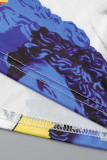 Blue Sexy Print Hollowed Out Patchwork O Neck Pencil Skirt Dresses