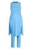 Baby Blue Fashion Casual Solid Slit O Neck Sleeveless Two Pieces