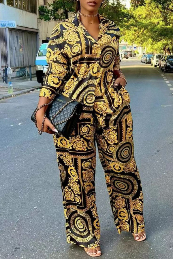 Yellow Casual Print Patchwork Buckle Turndown Collar Long Sleeve Two Pieces