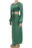 Turquoise Casual Solid Hollowed Out Patchwork O Neck Straight Dresses