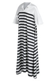 White Casual Street Striped Print Patchwork Mandarin Collar Straight Dresses