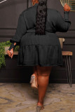 Black Casual Solid Patchwork Buckle Mandarin Collar A Line Plus Size Dresses