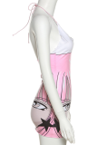 Pink Sexy Print Patchwork Halter Pencil Skirt Dresses