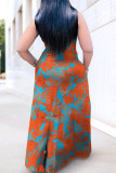 Tangerine Casual Print Patchwork Buckle Turndown Collar A Line Plus Size Dresses