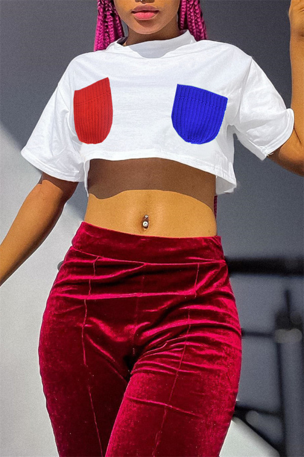 White Fashion Casual Solid Patchwork O Neck T-Shirts