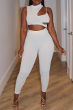 Cream White Fashion Sexy Solid Hollowed Out Patchwork Turtleneck Sleeveless Two Pieces