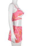 Pink Fashion Sexy Print Hollowed Out Asymmetrical Spaghetti Strap Sleeveless Two Pieces