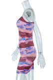 Multicolor Fashion Sexy Print Backless Fold Spaghetti Strap Sleeveless Dress