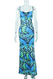Green Fashion Sexy Print Bandage Backless Spaghetti Strap Long Dress