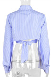 Blue Fashion Sexy Striped Print Bandage Hollowed Out Patchwork Turndown Collar Long Sleeve Two Pieces